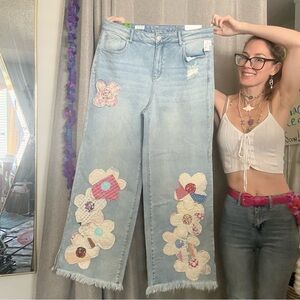 Light Blue Floral Appliqué Wide Leg Jeans - High-Rise Casual